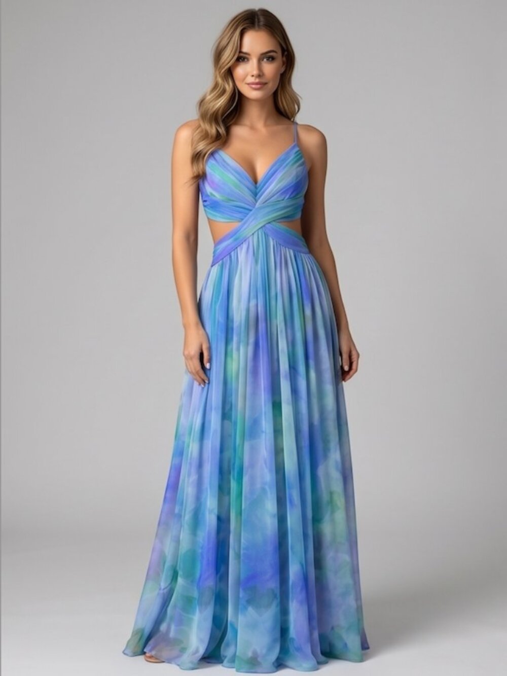 Blue Watercolor Cutout Tie-Back Crisscross  Maxi Dress